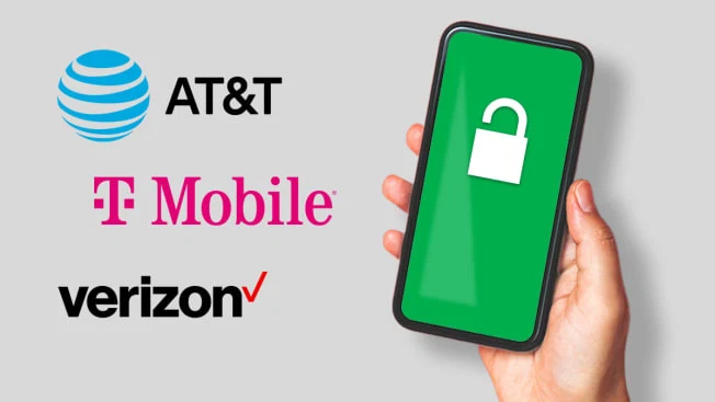 Unlocked refurbished smartphone next to multiple carrier logos